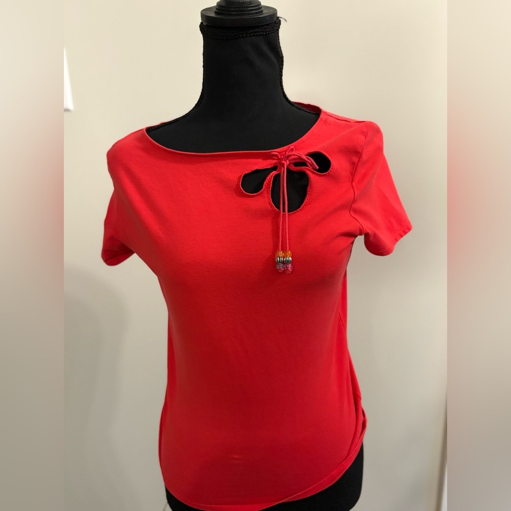 Red Women's Top with Beaded Tie Detail